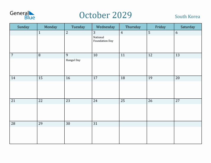 October 2029 Calendar with Holidays