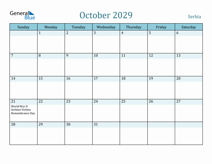 October 2029 Calendar with Holidays