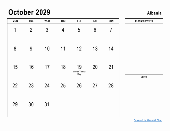 October 2029 Printable Monthly Calendar with Albania Holidays