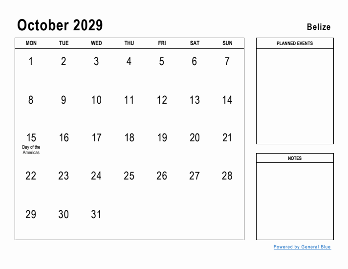 October 2029 Printable Monthly Calendar with Belize Holidays