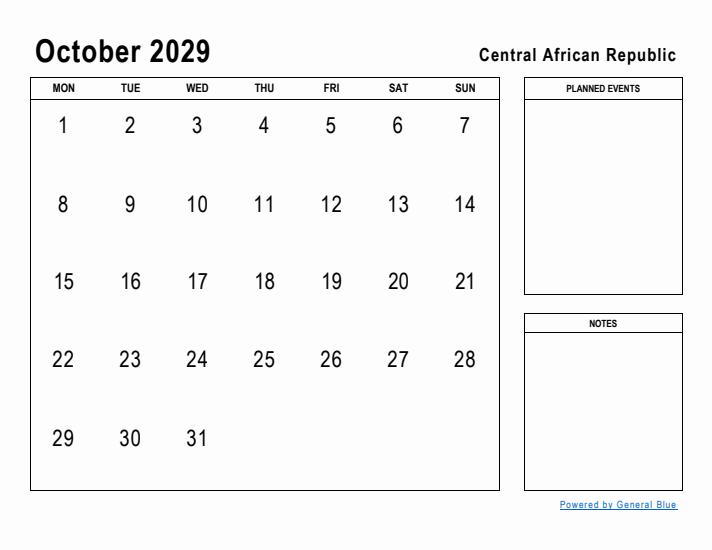 October 2029 Printable Monthly Calendar with Central African Republic Holidays