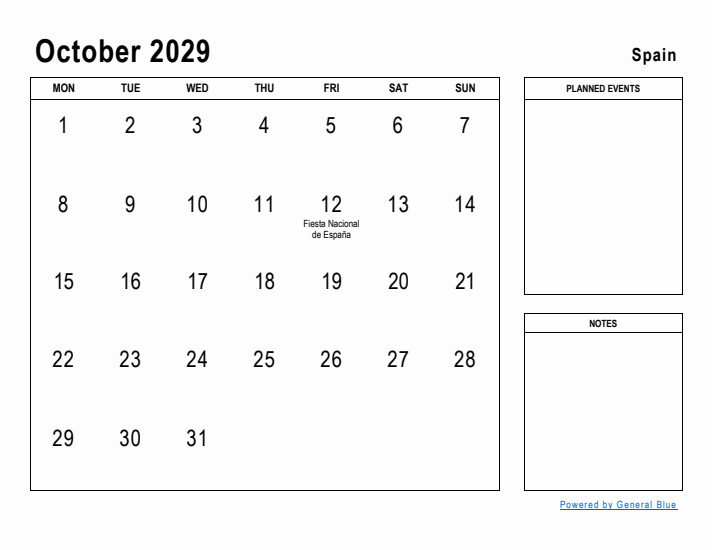 October 2029 Printable Monthly Calendar with Spain Holidays