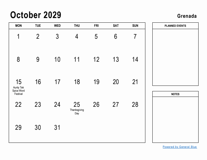 October 2029 Printable Monthly Calendar with Grenada Holidays