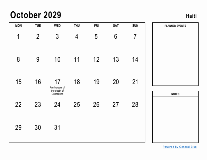 October 2029 Printable Monthly Calendar with Haiti Holidays