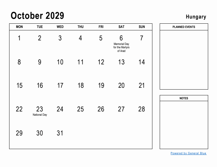 October 2029 Printable Monthly Calendar with Hungary Holidays