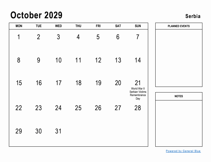 October 2029 Printable Monthly Calendar with Serbia Holidays