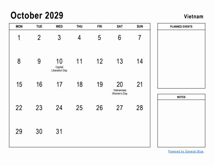 October 2029 Printable Monthly Calendar with Vietnam Holidays