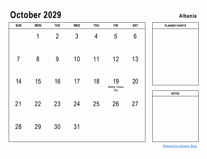 October 2029 Printable Monthly Calendar with Albania Holidays