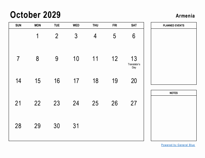 October 2029 Printable Monthly Calendar with Armenia Holidays