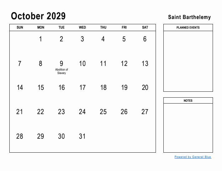 October 2029 Printable Monthly Calendar with Saint Barthelemy Holidays