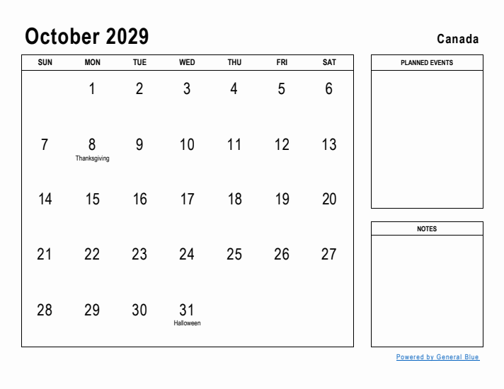 October 2029 Printable Monthly Calendar with Canada Holidays