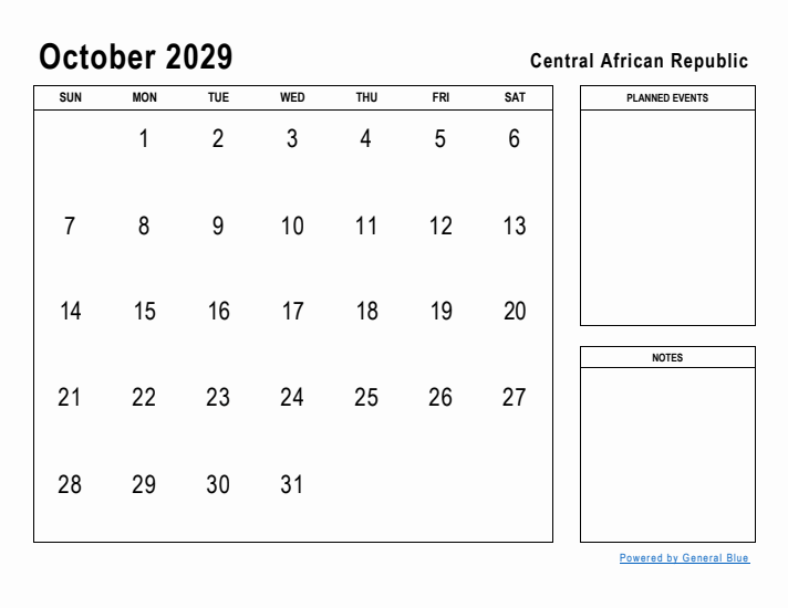 October 2029 Printable Monthly Calendar with Central African Republic Holidays