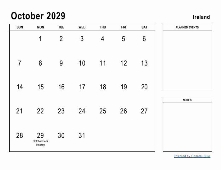 October 2029 Printable Monthly Calendar with Ireland Holidays