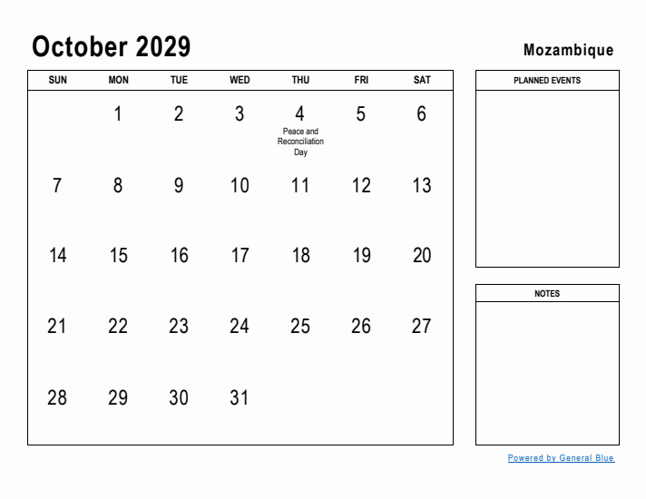 October 2029 Printable Monthly Calendar with Mozambique Holidays