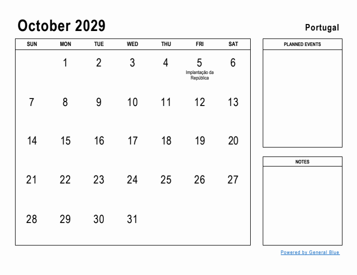 October 2029 Printable Monthly Calendar with Portugal Holidays