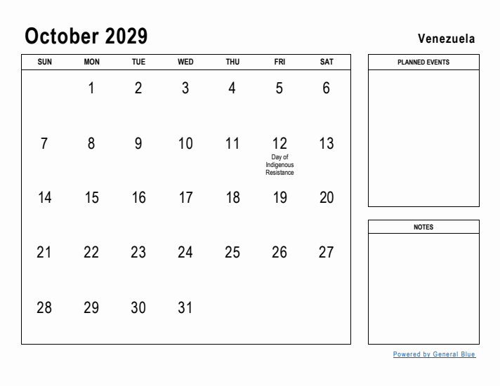 October 2029 Printable Monthly Calendar with Venezuela Holidays