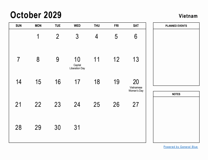 October 2029 Printable Monthly Calendar with Vietnam Holidays