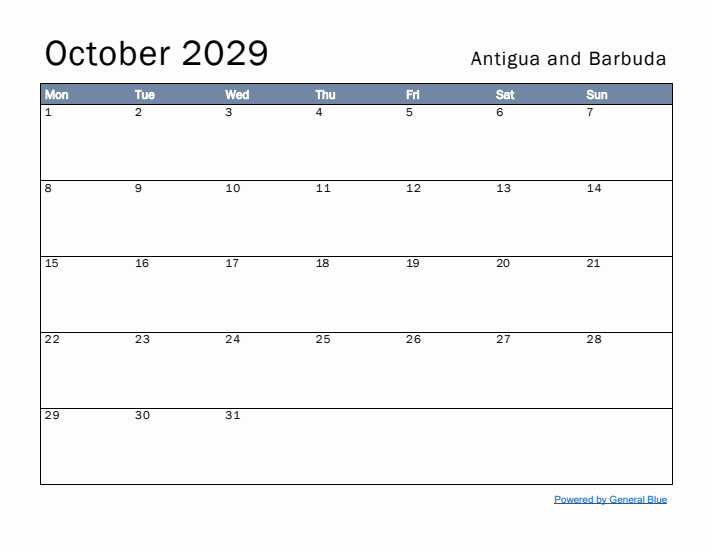 October 2029 Simple Monthly Calendar for Antigua and Barbuda