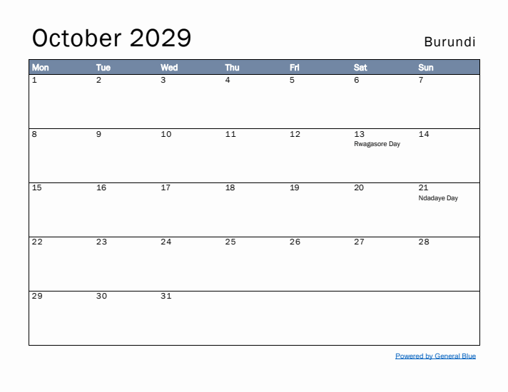 October 2029 Simple Monthly Calendar for Burundi