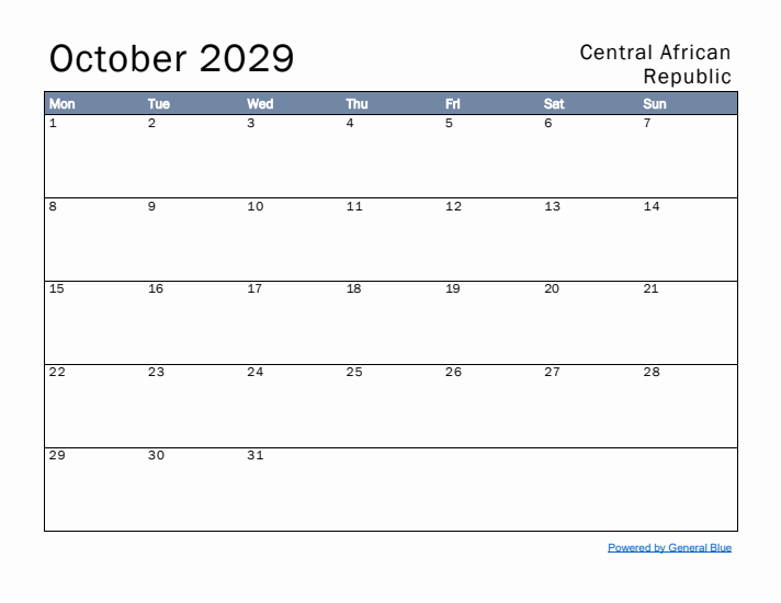 October 2029 Simple Monthly Calendar for Central African Republic