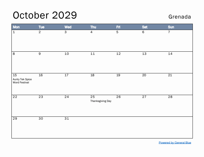 October 2029 Simple Monthly Calendar for Grenada