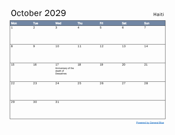 October 2029 Simple Monthly Calendar for Haiti