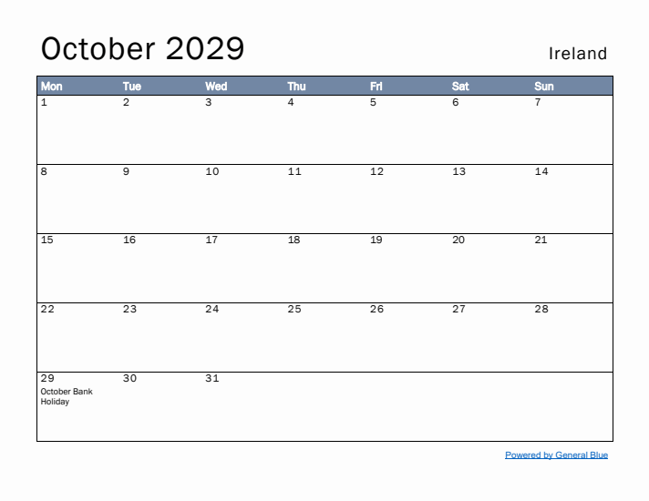 October 2029 Simple Monthly Calendar for Ireland