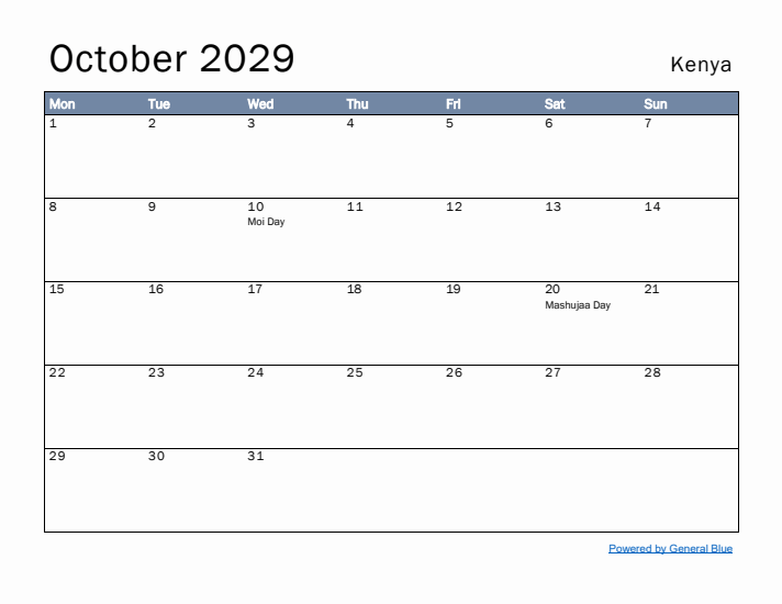 October 2029 Simple Monthly Calendar for Kenya