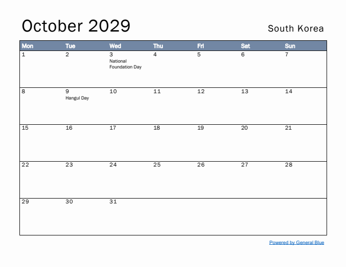 October 2029 Simple Monthly Calendar for South Korea