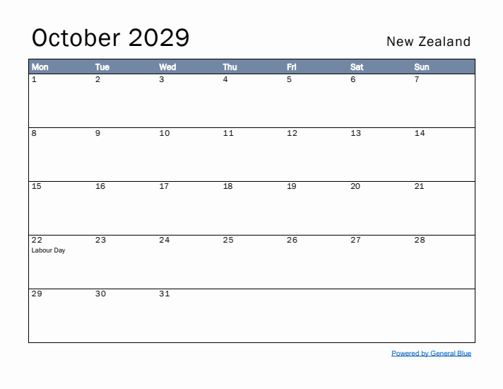 October 2029 Simple Monthly Calendar for New Zealand