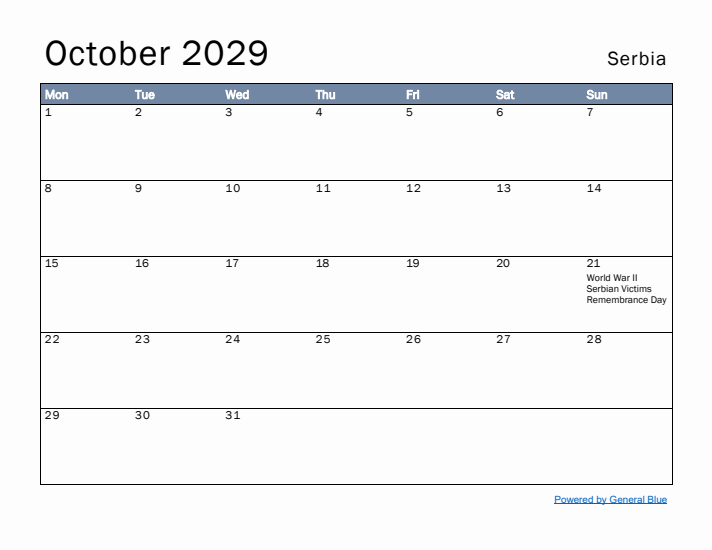 October 2029 Simple Monthly Calendar for Serbia