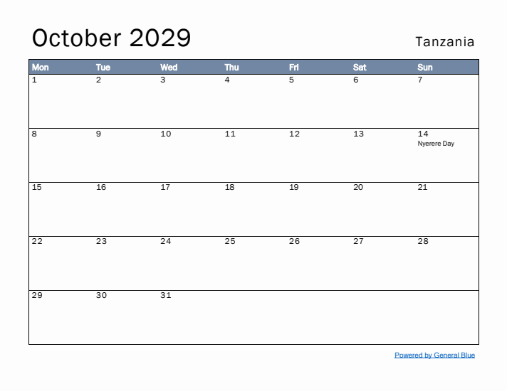 October 2029 Simple Monthly Calendar for Tanzania