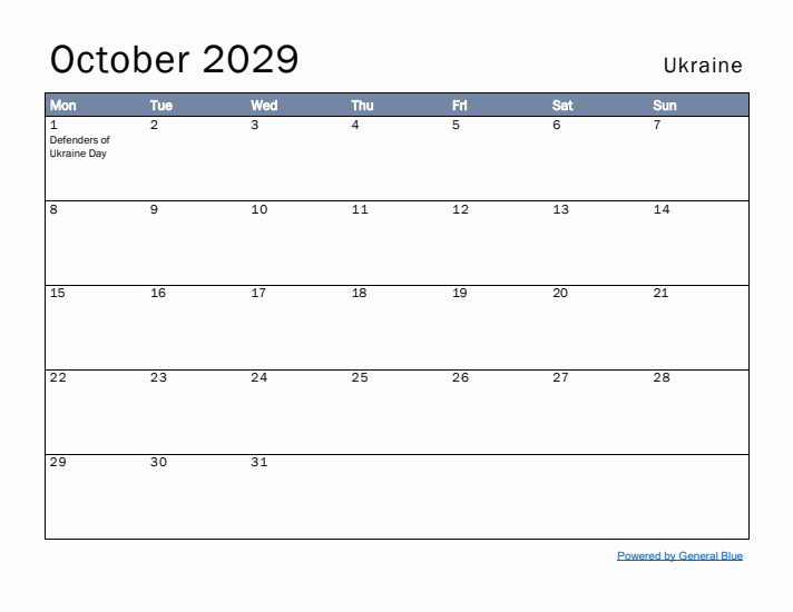 October 2029 Simple Monthly Calendar for Ukraine