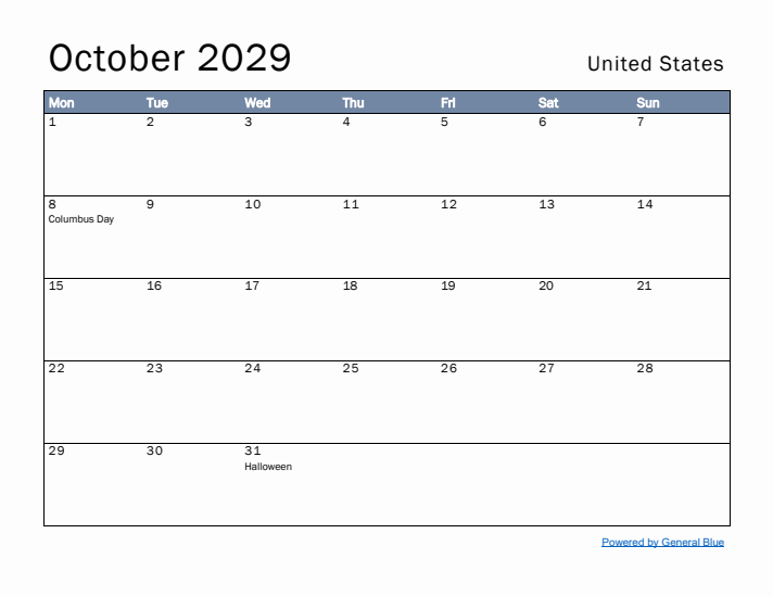 October 2029 Simple Monthly Calendar for United States