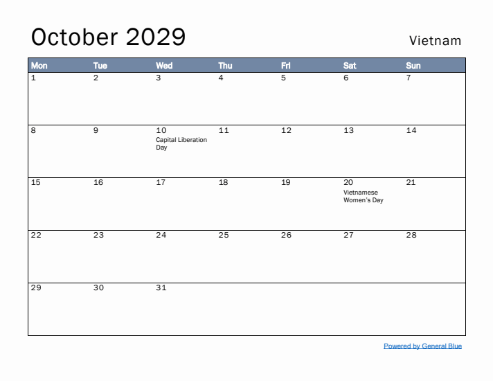 October 2029 Simple Monthly Calendar for Vietnam