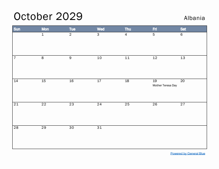 October 2029 Simple Monthly Calendar for Albania