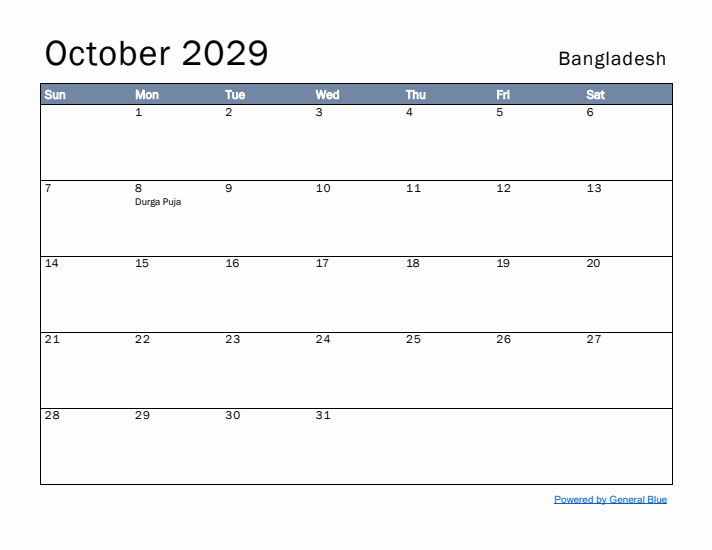 October 2029 Simple Monthly Calendar for Bangladesh