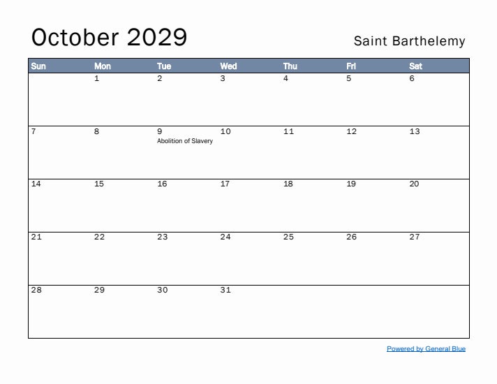 October 2029 Simple Monthly Calendar for Saint Barthelemy