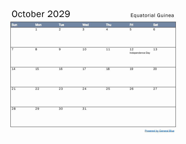 October 2029 Simple Monthly Calendar for Equatorial Guinea