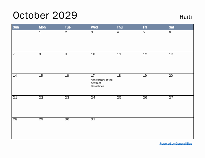 October 2029 Simple Monthly Calendar for Haiti