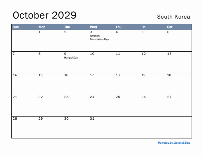 October 2029 Simple Monthly Calendar for South Korea