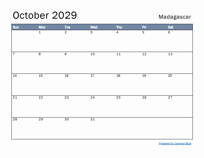 October 2029 Simple Monthly Calendar for Madagascar