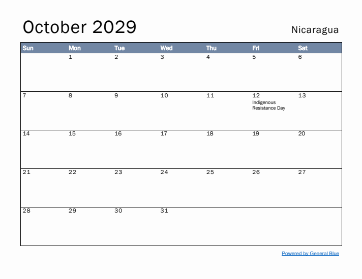 October 2029 Simple Monthly Calendar for Nicaragua