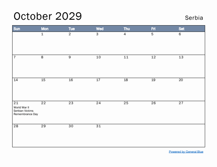 October 2029 Simple Monthly Calendar for Serbia