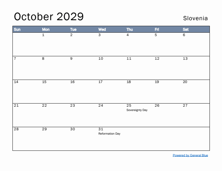 October 2029 Simple Monthly Calendar for Slovenia