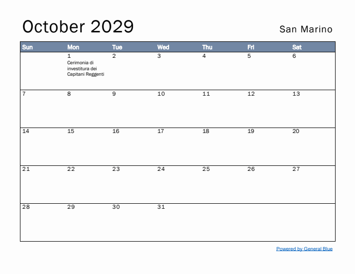 October 2029 Simple Monthly Calendar for San Marino