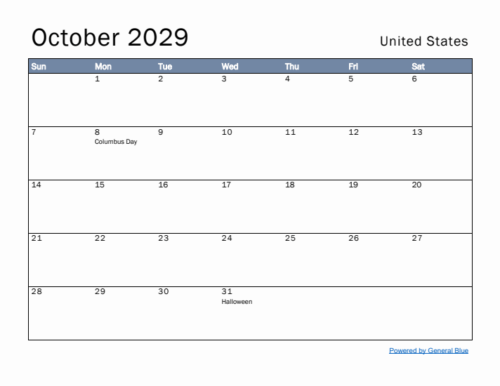 October 2029 Simple Monthly Calendar for United States