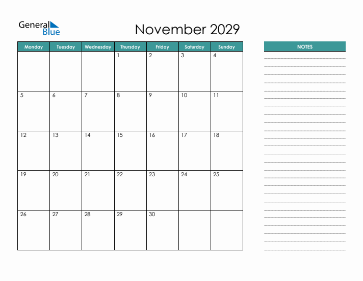 November 2029 Calendar with Notes