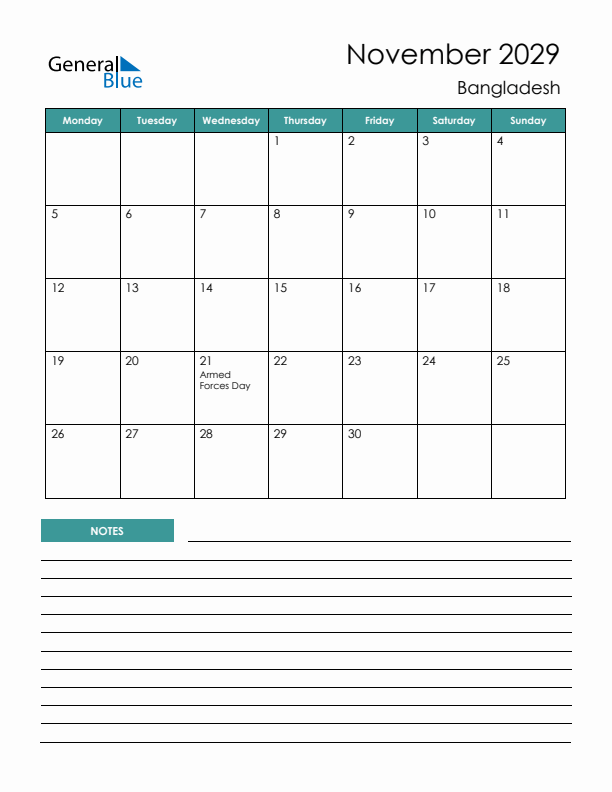 Calendar with Notes Printable - Monday Start