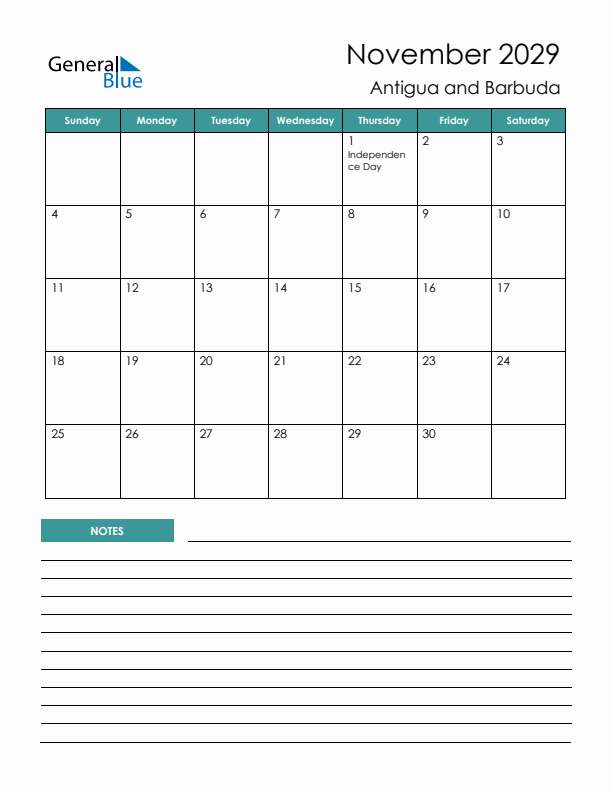 Calendar with Notes Printable - Sunday Start